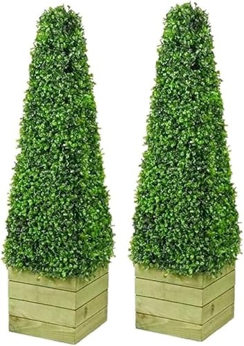 FAHAAM 2pk Artificial Boxwood Topiary Trees with Wooden Planter Box, 3ft Pyramid Cone Tree, Boxwood Tower trees, boxwood Planter Topiary tree, Artificial Plants/Trees for Decoration Indoor/Outdoor