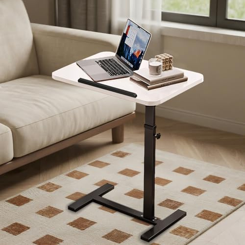 Side Table Bed Sofa Tables: C Shaped Mobile Laptop Desk Height Adjustable Slide Under Couch Snack Coffee Tray for Small Spaces Living Room Bedroom (White)