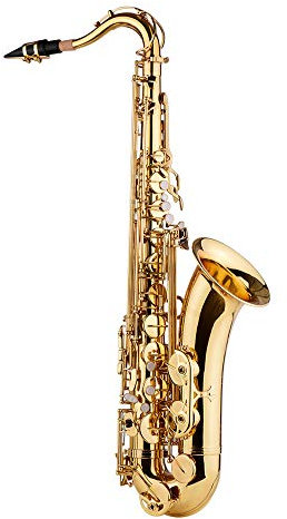 Saxofón tenor, cuerpo de latón, lacado dorado, instrumento de viento de madera con estuche de transporte, guantes, paño de limpieza, cepillo y correas para el cuello