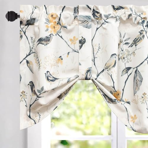 VOGOL Tie Up Adjustable Curtain Valance, Grey Bird, 52×18, 1 Panel | Easy to Install, Farmhosue Botanical Bird Print, Easy Care Linen Look Fabric，for Bedroom Living Room Cafe Kitchen Windows