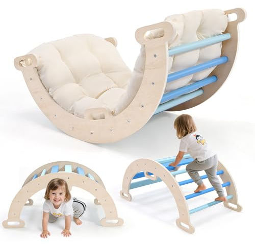Lischwert Holz Kletterbogen mit Kissen und Armlehnen, 2-in-1 Bogenwippe & Indoor Spielbogen, Klettergerüst und Schaukelboot, kombinierbar mit Kletterdreieck/Rutsche, Gleichgewichtstraining