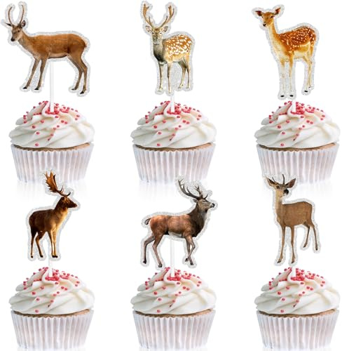 18 Pieces Sika Deer Cupcake Toppers Kids Happy Birthday Zoo Decorations, Boys and Girls Birthday Party, Wild Animal Party, Forest Woodland Party, Baby Shower Elk Decorations
