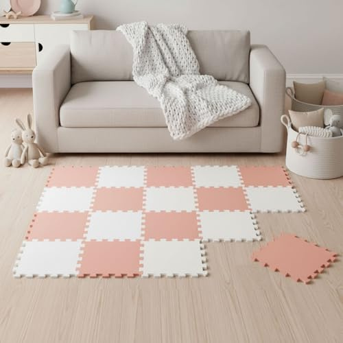 LittleTom Spielmatte Baby Puzzlematte Rosa & Weiß - 18 Matten je 30x30 cm Krabbelmatte 180x90 cm Bodenmatte Kinder - Puzzle Teppich Kinderzimmer - Bodenschutzmatte Spielteppich - Eva Schaumstoffmatte