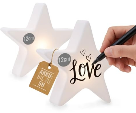 8 seasons DIY Bastelset zum Bemalen & Beschriften, 2er Set LED Stern Mini-Leuchte Shining Star Micro S – Dekolampen 12 cm – kabellos mit Akku, USB-C – Geschenkset, Geburtstag, Weihnachten