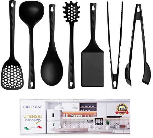 CIPOXPAT Set Utensili Cucina Professionali Made in Italy in Nylon 6.6 Set Mestoli da Cucina da 7pz Antigraffio Antiaderente e Resistente al Calore Fino a 220° Lavabili in Lavastoviglie