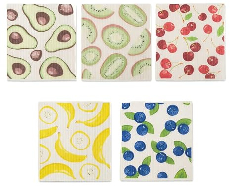 Nybrax 5 Piezas Paños de Cocina, Paños de Cocina Suecos, Paño de Limpieza Biodegradable, Paños de Cocina suecos Reutilizables, paños de Limpieza ecológicos, para Todas Las Superficies(Fruits)