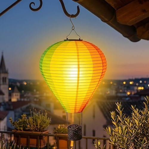 Spetebo Solar Heißluftballon Lampe aus Nylon bunt zum Hängen groß - 58 cm - LED Garten Lichtspiel mit Flammen Effekt - Deko Gartenleuchte Laterne Solarleuchte Dekoleuchte Hängelaterne Windlicht