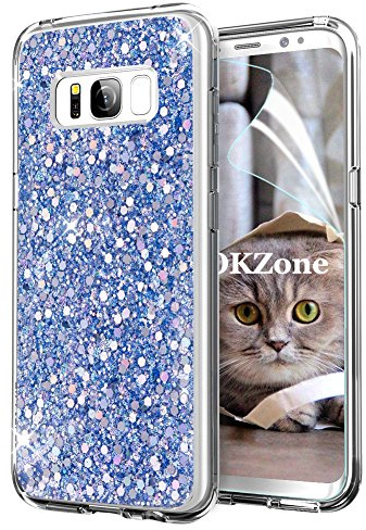 OKZone Compatible Galaxy S8 Plus Case + HD Screen Protector, Bling Glitter Sparkle Designer Slim Fit Soft Gel TPU Silicone Skin Cover Shining Style Case for Samsung Galaxy S8 Plus (Blue)