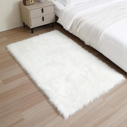 KAIHONG Faux Fur Sheepskin Style Rug (75 x 120 cm) Faux Fleece Chair Cover Seat Pad Soft Fluffy Shaggy Area Rugs For Bedroom Sofa Floor (white, rectangle75 x 120 cm)