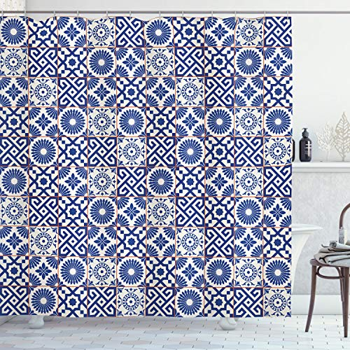 ABAKUHAUS marokkanisch Duschvorhang, Alte Retro Fliesen, Stoffliches Gewebe Badezimmerdekorationsset mit Haken, 175 x 180 cm, Grau Blau