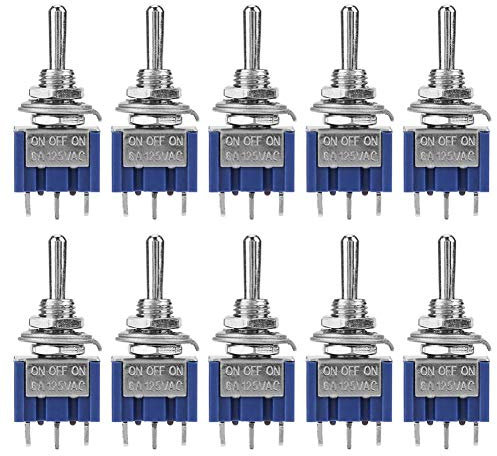 Fafeicy 10Pcs MTS-103 3 posiciones 3 pines interruptor de palanca, ON-OFF-ON, 6mm 6A 125VAC, con contactos de un solo polo de doble tiro (SPDT)