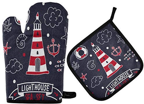 Ofenhandschuhe, Topflappen-Set, nautisches Leuchtturm-Meeres-Set, hitzebeständige Küchenhandschuhe, heiße Pads für Grillen, Kochen, Backen, Grillpfannen