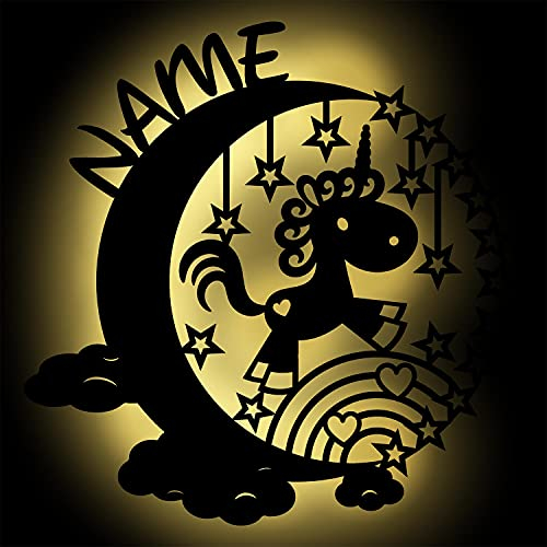 Schlummerlicht Mond-Einhorn I Personalisiertes Baby-Geschenk zur Geburt & Taufe LED Beleuchtung | Holz Natur I Batteriebetriebene Wand-Lampe Nachtlicht für Mädchen