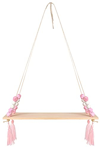 AvoDovA Wandregal Schweberegal, Hängendes Holzregal, Boho Schaukel Seil Schweberegale Hängeregal, schwimmende Holzregale mit Haken für Wohnzimmer Schlafzimmer Wanddekoration, Rosa