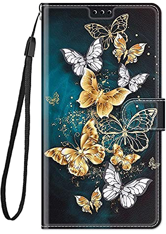Guxira Hülle Klappbar Leder für Samsung Galaxy A13 4G Handyhülle, Niedliches Muster Motiv Klapphülle Schutzhülle Lederhülle 360 Grad Silikon Cover mit Kartenfachr Stoßfest Flip Case - Schmetterling
