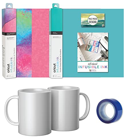 Cricut Infusible Ink Sheets in Watercolor Spash and Teal with Heat Resistant Tape and Blank Mugs Bundle for Iron On Vinyl (HTV), Infusible Ink, and Sublimation