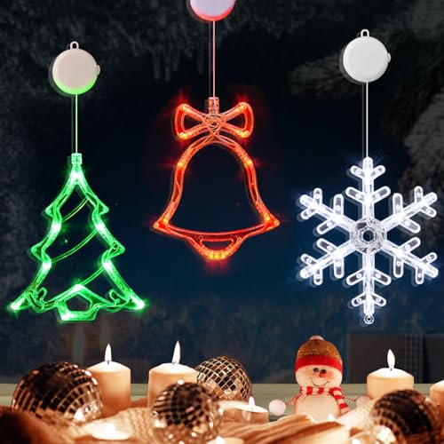 LOLStar Christmas Window Decorations,3 Pack Jingle Bell,Christmas Tree,Snowflake Christmas Window Lights with Suction Cup, Timer Function & Slow Fade Mode Battery Operated Indoor Lights for Christmas