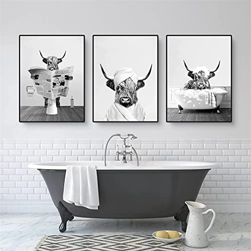 Trayosin 3er Poster Set, Lustige Hochland Kuh Badezimmer Bilder,Schwarz Weiß Leinwand Bild,Wandkunst Bauernhaus Badezimmer Wanddeko Kunst,Rustikale Stil Wandbilder,ohne Rahmen (40x50cm)