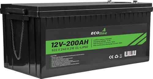 EcoLine - Batería de litio LifePo4 12V 200AH - 200000mAh - 522 x 240 x 218 - Acumulador de ciclo profundo