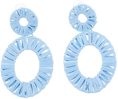 LIFKOME Rattan Ohrringe für Frauen Kugel-Ohrringe Handgemachte Creolen Quasten- Strand- Große Statement- Baumelnde Bast- Für Damen Blaues