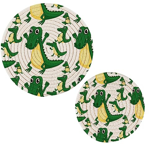 Küchen-Topflappen-Set, 2 Stück, Baumwollgarn, gewebte Untersetzer, stilvolle Untersetzer für heiße Gerichte, Topfschüssel, Kaffee, heiße Topflappen, grüne Aligatoren, lächelndes
