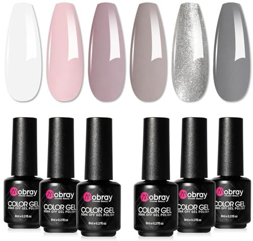 Mobray Vernis Semi Permanent 6 Couleurs, Blanc Rose Gris Pailleté Vernis Gel U V Semi Permanent Set, Vernis à Ongles Pour Salon De French Manucure U V/LED Soak Off Gel Nail Polish Kit, 8ML