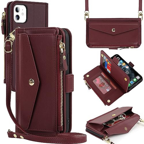Zouzt for iPhone 11 Wallet Case for Women, Purse with Credit Card Holder Slots Crossbody Lanyard Strap Zipper Flip Book Shockproof Protective Phone Cover for Apple 11 6.1 Inch (Red)