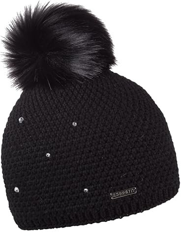 SABBOT Schick Damen Mütze mit Pelzbommel, Fleece-Futter, Wintermütze, Strickmütze, Mit Strasssteinen,Warme Kappe (Schwarz)