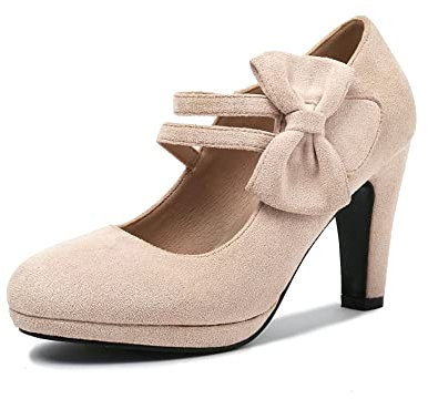 elerhythm Damen Mary Jane Heels mit Schleife Retro Geschlossene Runde Zehe Pumps Wildleder Chic Fliege Vintage Gatsby Schuhe (Nude EU41)