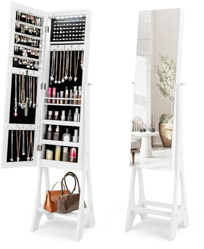 COSTWAY LED Lights Jewellery Cabinet, Freestanding Lockable Jewelry Armoire with Full Length Mirror and Large Storage, Angle-Adjustable Bedroom Makeup Cosmetics Jewellery Organiser Unit Gift (White)