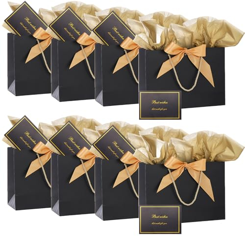 8Pack Metallic Paper Gift Bags with Handle,Bow Ribbon,Tissue and card, 20x28x10cm Thank You Favor Bag for Graduaction Wedding Bridal Birthday Party Baby Shower Valentine Retirement (Black)