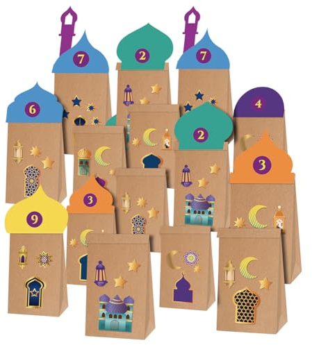 Gohytal 30 Stück Ramadan-Geschenktüten,Eid Mubarak Kalender Kraftpapiertüte mit mit Ramadan Stern Mond Burg Aufklebern,DIY Ramadan Kareem Deko und Kalender für Kinder,Eid Al Fitr Party Deko