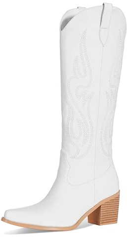 MIRAAZZURRA Stivali da cowboy da donna western con punta in pizzo ricamata, stivali da cowgirl, bianco, 43 EU