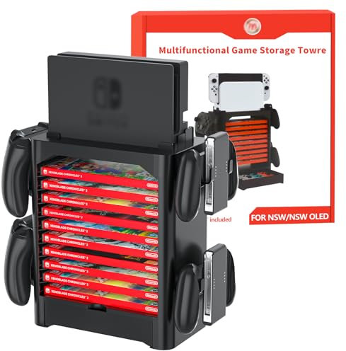 Multifunctional Game Disk Storage Tower for Nintendo Switch/OLED, Organizer Station with 10 Game Case Slot, Controller Stand with 4 Controller Rack Holder and Joy-Con Drawer for Switch Accessories