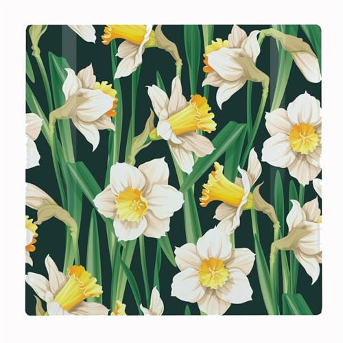 Poster Daffodils Large Square Glass Worktop Protector - Spring Themed Yellow & Green Floral Gifts - Smooth Board Kitchen Chopping/Cutting Board Worktop Saver with Non-Slip Feet 30cm x 30cm (12 x 12)