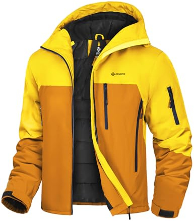GEMYSE Veste de Ski Homme Chaude Imperméable Coupe-Vent Manteau avec Capuche Idéale pour la Montagne et la Randonnée en Hiver(Jaune Doré et Brun Réalgar,2XL)