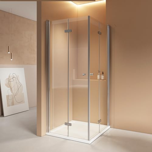 EMKE Duschkabine 80x80 cm Eckeinstieg Duschabtrennung Falttüren mit Pendeltüren 6 mm NANO-Glas Duschkabinen Scharniertür Duschtür Faltbar Dusche Duschwand 185 cm Höhe