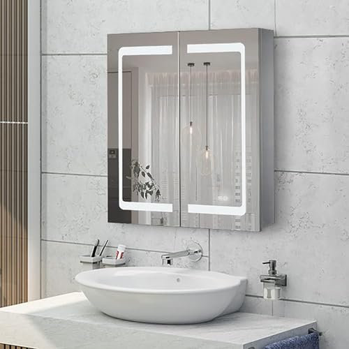 Janboe Stainless Steel LED Mirror Cabinet,Bathroom Mirror Cabinet with Light,3 Color,Dimmable,Equipped with Defogger,USB Shavor Socket,Internal Light,61cm×71cm