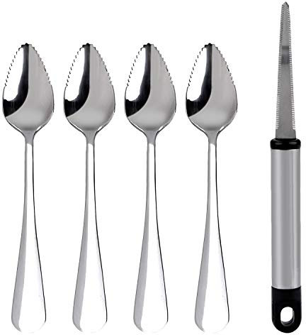 Chewtoyo Stainless Steel Serrated Spoon 4Pcs with Grapefruit Peeler Dessert Spoons Fruit