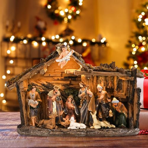 Wonder Solar Decoraciones de belén de Navidad, juego de establo con figuras de la Sagrada Familia y luces LED para decoración de interiores