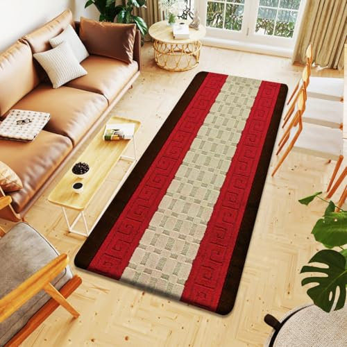 Rugs Inn Gel Back Runner Rug – Heavy Duty Non Slip Backing Geometric Pattern Dirt Trapper Washable Large Runner for Hallway Kitchen Bedroom Living Room (Brown Red, 80 x 150 cm)