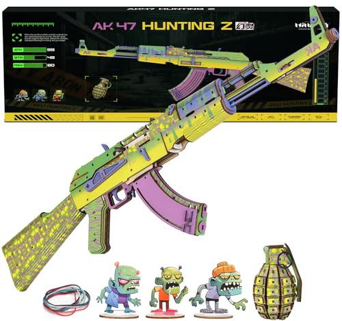 MiniCity 3D Puzzles für Erwachsene, Holz 3D Puzzle Modell Gummiband Pistole Spielzeug Baukästen, DIY Holzhandwerk Cooles Spielzeug Hobbys für Männer Frauen, kreative Montage Geschenke (AK47 Hunting Z)