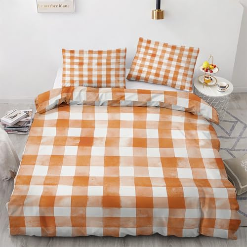Maohryzed Orange Kariert Bettwäsche 135x200 2teilig, Soft Kariertes Muster Bettbezug, Warme Winter Bettwäsche-Sets, Microfaser Wendebettwäsche mit Reißverschluss und 1 Kissenbezüge 80x80 cm