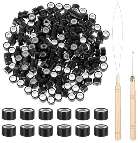 200 Stück 4,0 mm Haarverlängerungen Ringe, APLZGMG Haar Verlängerungen Perlen, Microring Extensions Echthaar, Nanoringe mit Silikon, Perlengerät Werkzeugsätze mit Ziehenden Haken Nadel (Schwarz)