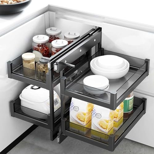 KaBuea Ausziehbarer Organizer für Blind-Eckschränke, Magic Corner für die Küche, ausziehbar für Links- oder Rechtshänder, verstellbares Tablett mit 2 Ebenen, Aluminium