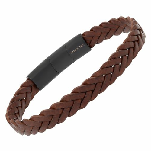 Herrenarmband aus umweltfreundlichem, regeneriertem braunem Leder, Breite 10 mm, schwarzer PVD-Edelstahlverschluss, größenverstellbar, Geschenkbox enthalten, Made in Italy (braun)