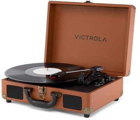 Victrola Journey II (2025 Model) – Bluetooth Suitcase Record Player – Built-in Stereo Speakers with Enhanced Bass, 3-Speed Turntable, Bluetooth Input and Output, RCA & Headphone Outputs (Brown)