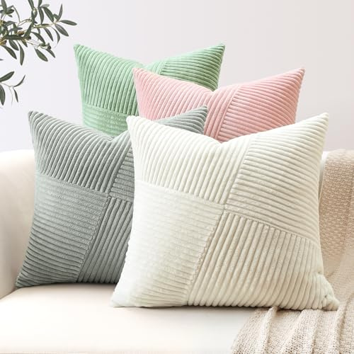 Sungeek 4er Set Cord Kissenbezüge, Windmühle Streifen Kordsamt Kissenbezug Sofakissen Dekokissen Patchwork Design Deko Zierkissenbezüge Kissenhülle für Wohnzimmer (60x60cm, Grün Rosa)