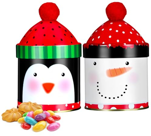 Healifty 2 Weihnachtsplätzchendosen Aus Metall Mit Dekorativem Pinguin-Schneemann-Design Und Süßem Roten Bommeldeckel Leere Aufbewahrungsboxen Aus Weißblech Für Partygeschenke Leckereien
