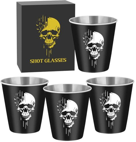 Edelstahl Schnapsgläser mit Weißer Totenkopf, 4 Stück, 70ml, mit Geschenkbox, Stapelbar Trinkbecher, Partybecher, Vatertagsgeschenk, Geschenke für Gothic-Fans, Hochzeit, Geburtstage, Picknick, Camping